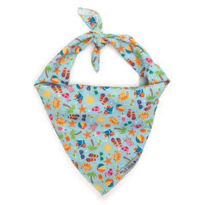 Blue bandana with beach themed pattern on white background