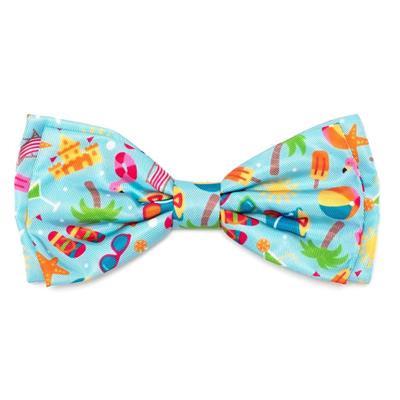 Colorful bow tie with summer-themed design on a white background