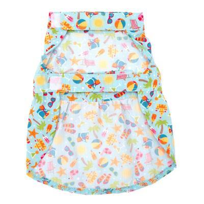Colorful pet dress with beach-themed pattern on a white background