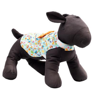 Plush dog toy with a colorful patterned dress on a white background