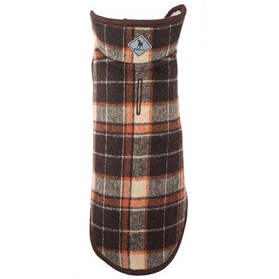 Plaid dog coat with a brand logo on a white background
