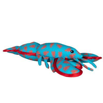 Toy lobster with blue body and red accents on a white background
