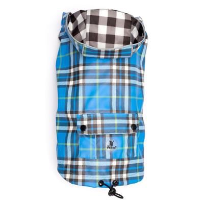 Blue plaid dog raincoat with checkered lining on a white background
