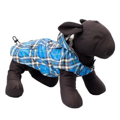 Black plush dog mannequin wearing a blue plaid coat on a white background