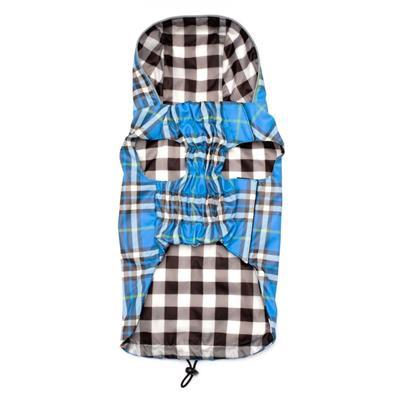 Plaid-patterned dog raincoat with blue accents on a white background