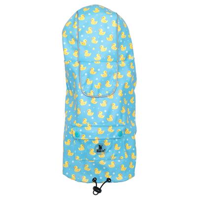 Blue dog raincoat with yellow rubber duck pattern on a white background