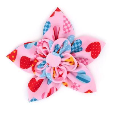 Colorful flower-shaped dog collar flower with pink and blue design on a white background