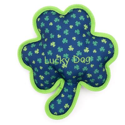 Dog toy shaped like a four-leaf clover with green shamrock pattern and 'Lucky Dog' text on a blue background.