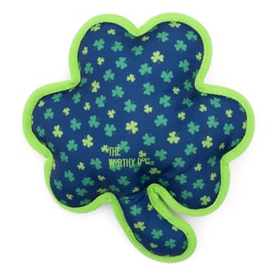 Dog toy shaped like a four-leaf clover with green shamrock pattern and 'Lucky Dog' text on a blue background.