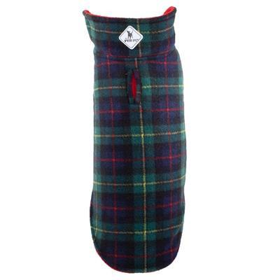 Plaid-patterned dog coat on a white background