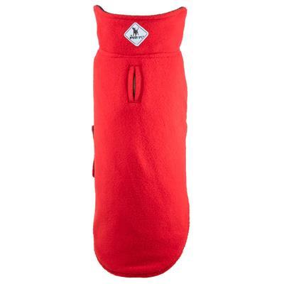 Red dog coat with a brand logo on a white background