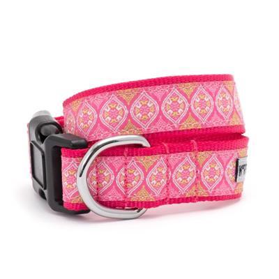 Pink dog collar with a geometric pattern on a white background