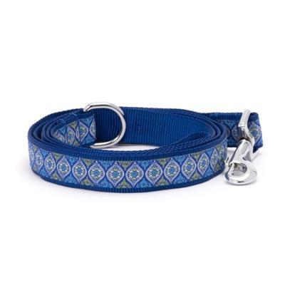 Blue dog leash with decorative pattern on a white background