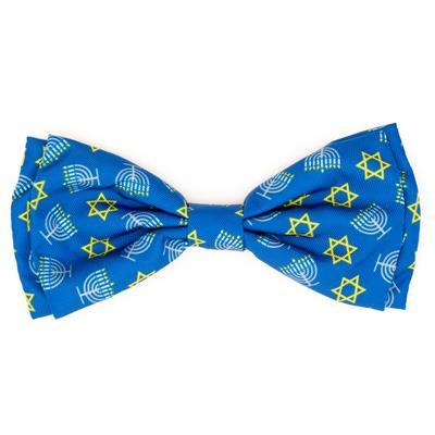 Blue bow tie with Menorah and Star of David patterns on a white background