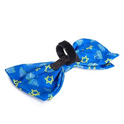 Blue dog bow tie with Hanukkah-themed design on a white background
