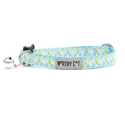 Cat collar with blue and green pattern on a white background