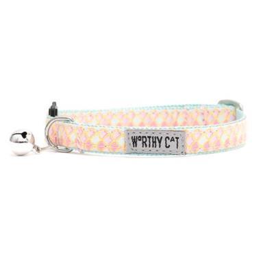 Cat collar with pink and blue pattern and 'Worthy Cat' tag on a white background