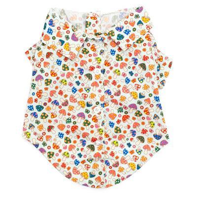 Dog shirt with colorful mushroom pattern on a white background