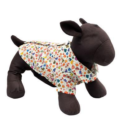 Plush dog toy with a mushroom patterned shirt on a white background