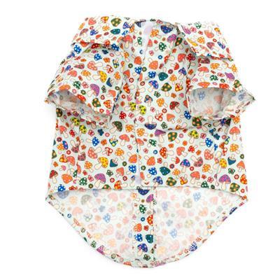 Mushroom-patterned dog shirt on a white background