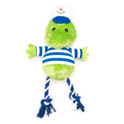 Alligator dog toy wearing striped shirt and hat with rope legs on white background