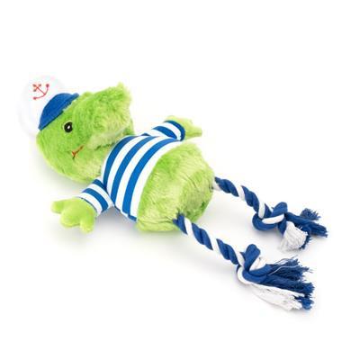 Alligator dog toy wearing striped shirt and hat with rope legs on white background