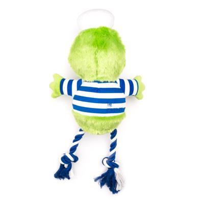 Alligator dog toy wearing striped shirt and hat with rope legs on white background