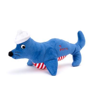 Blue seal dog toy with red & white stripes and hat on white background