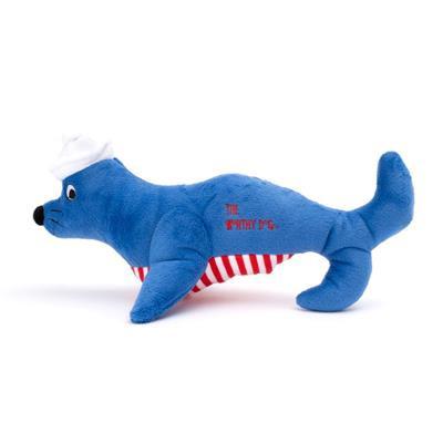 Blue seal dog toy with red & white stripes and hat on white background