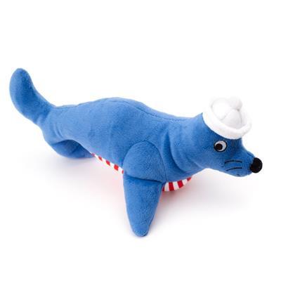 Blue seal dog toy with red & white stripes and hat on white background