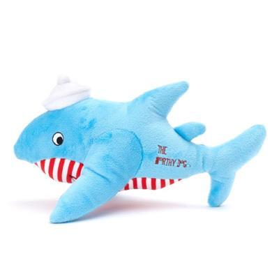 Blue shark-shaped plush toy with a white top and red and white striped bottom on a white background.