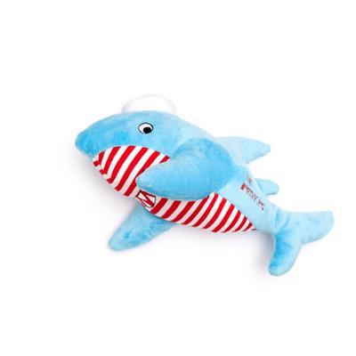 Plush shark toy with a red and white striped shirt on a white background