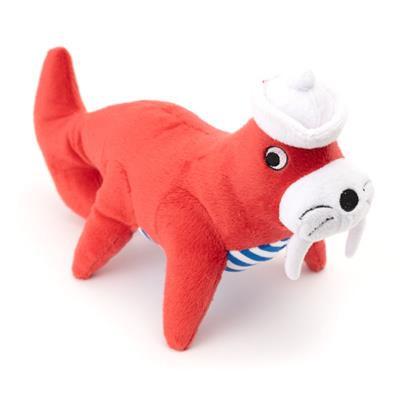 Red plush toy resembling a walrus with a white top hat on a white background
