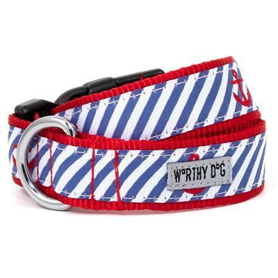 Dog collar with blue and white striped pattern and red accents on a white background