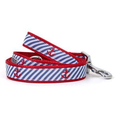 Dog leash with blue and white striped pattern and red accents on a white background