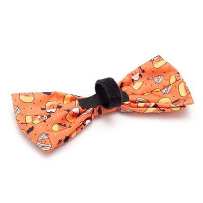 Orange bow tie with black strap on a white background