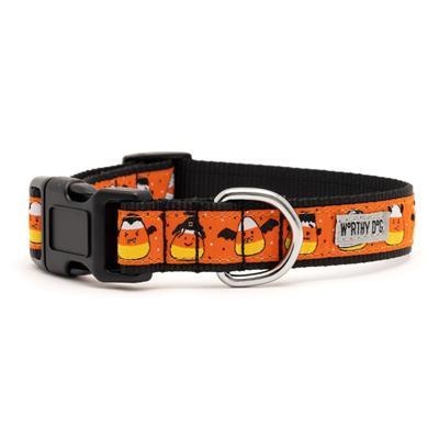 Dog collar with Halloween design featuring candy corn pattern on an orange background.