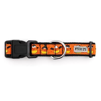 Dog collar with candy corn pattern on an orange background