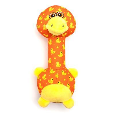 Yellow and orange plush toy with duck pattern on a white background