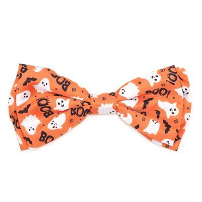 Halloween-themed bow tie with ghosts, bats, and 'BOO!' text on an orange background.