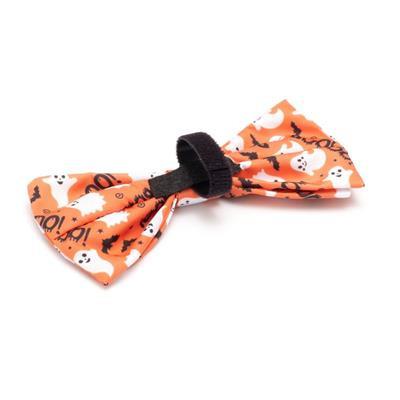 Halloween-themed bow tie with ghosts, pumpkins, and bats on a white background