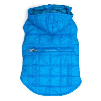 Blue puffer vest with a hood on a white background