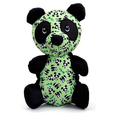 Plush toy panda with green and black pattern on a white background