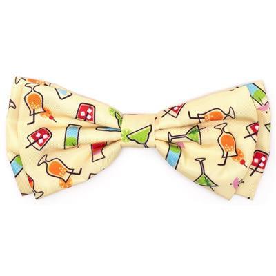 Colorful bow tie with drink-themed pattern on a white background