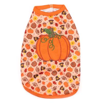 Dog sweater with pumpkin and leaf pattern on a white background