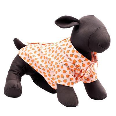 Black dog toy with an orange and white patterned shirt on a white background