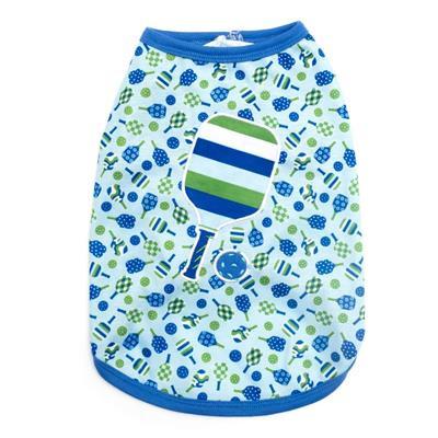 Dog shirt with blue and green pattern on a white background