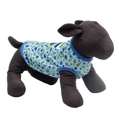 Stuffed dog toy with a patterned shirt on a white background