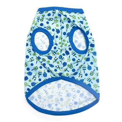Patterned dog shirt with blue trim on a white background