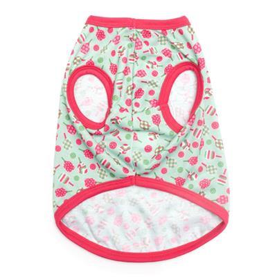 Pet outfit with floral pattern and pink accents on a white background